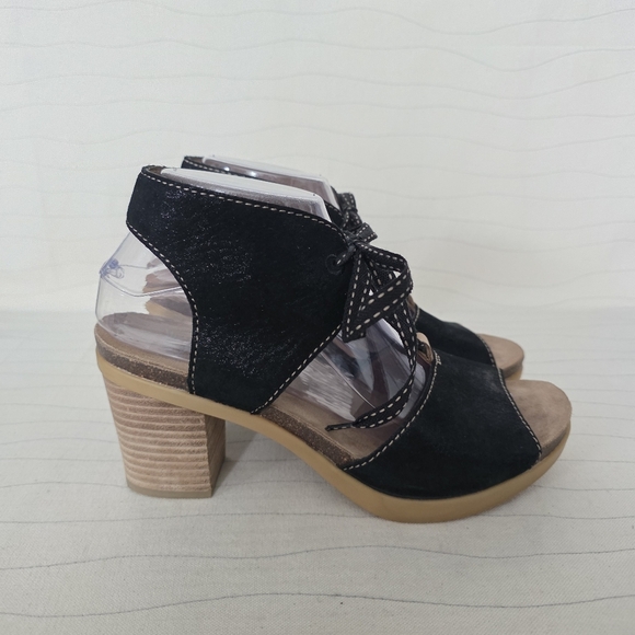 Dansko Womens ‘Dez’ Black Shimmer Leather Lace-Up Open-Toe Heels Sandals Size 38 - Picture 1 of 13